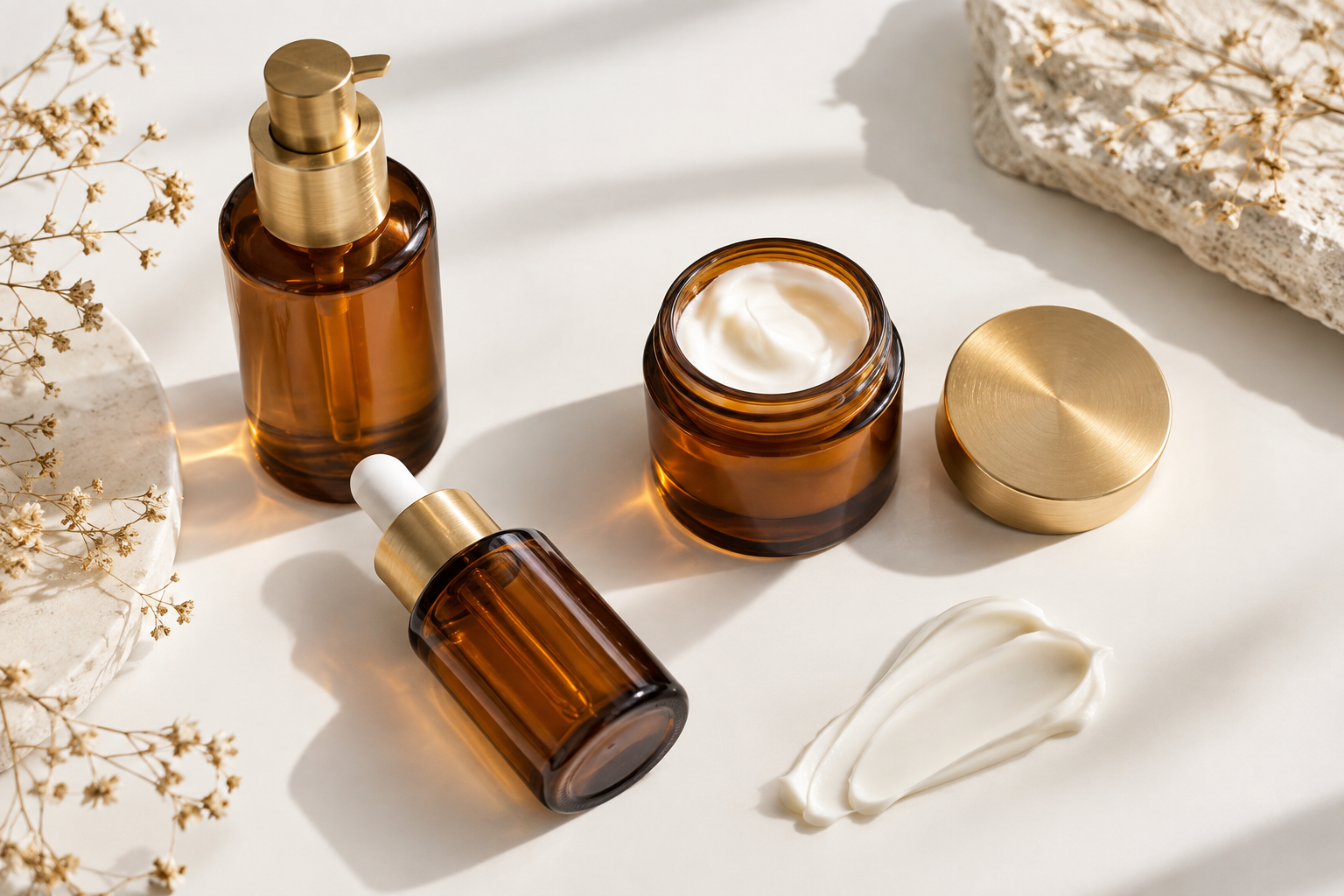 Amber skincare bottles and cosmetic textures on studio surface