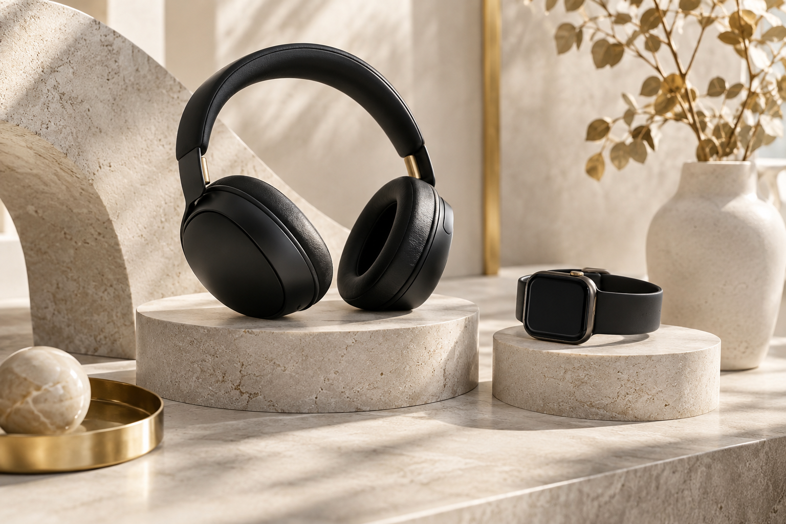Wireless headphones and smartwatch on studio plinths