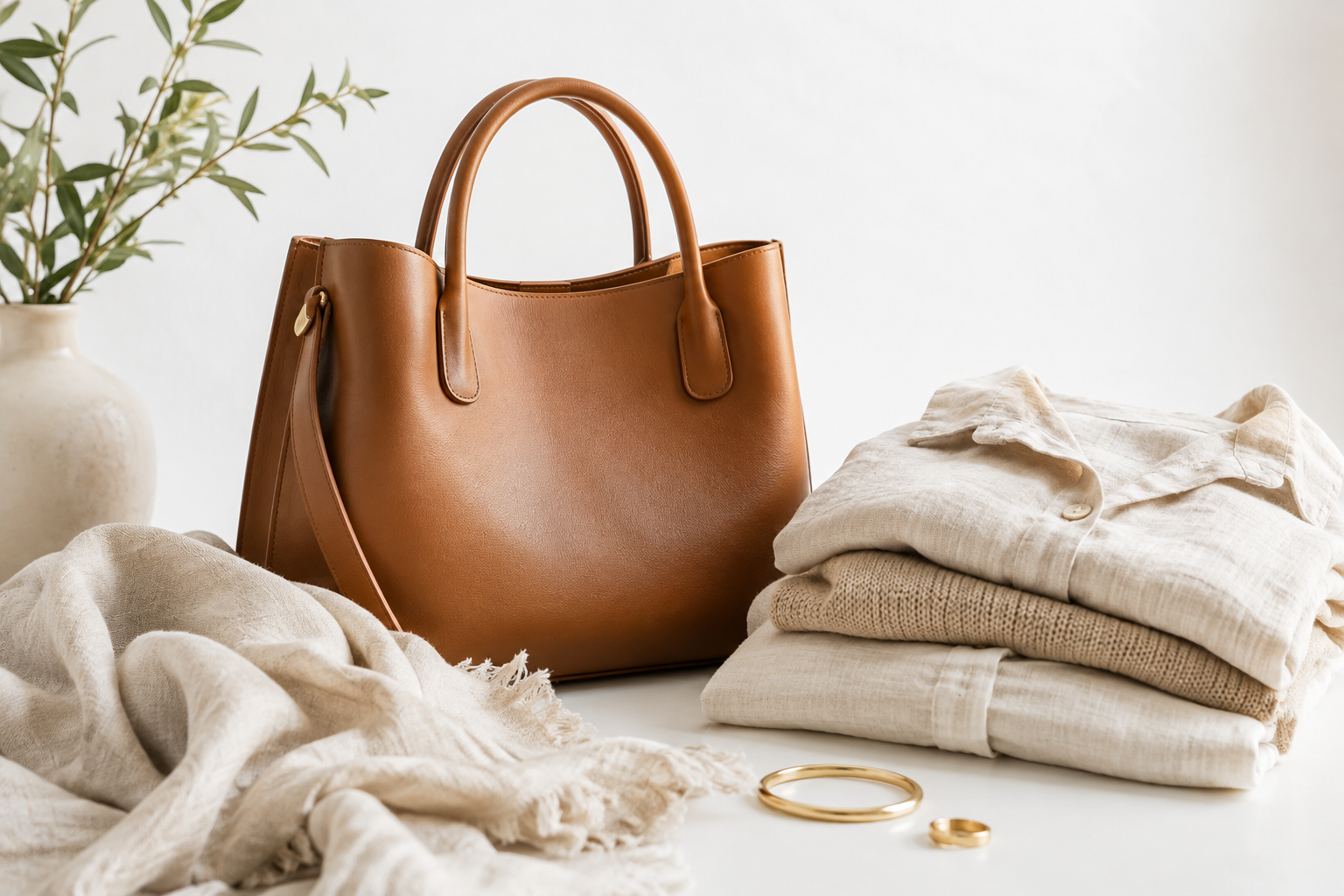 Linen clothing and leather bag in a luxury fashion product still life