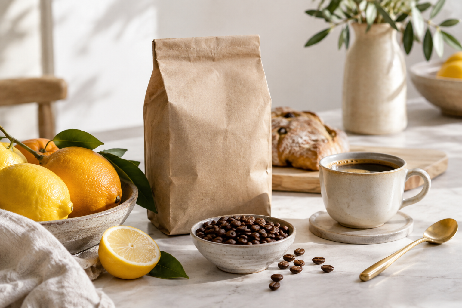 Artisanal packaged food, coffee and fresh citrus
