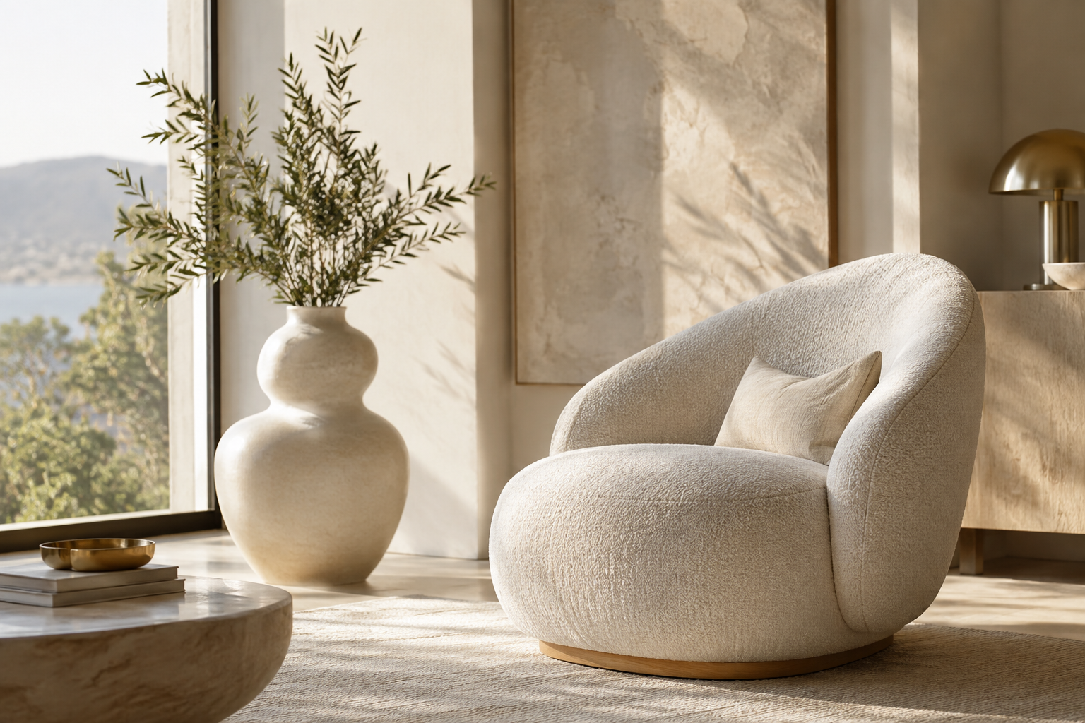 Sculptural ceramics and designer chair in sunlit interior